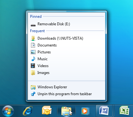 Windows 7 Taskbar thumbnail - Jump Lists